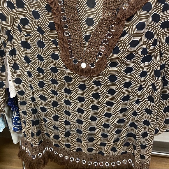 Tory Burch Brown tunic top with MIRROR CIRCLE TRIM AROUND NECK & Bottom size 2 - Picture 15 of 15